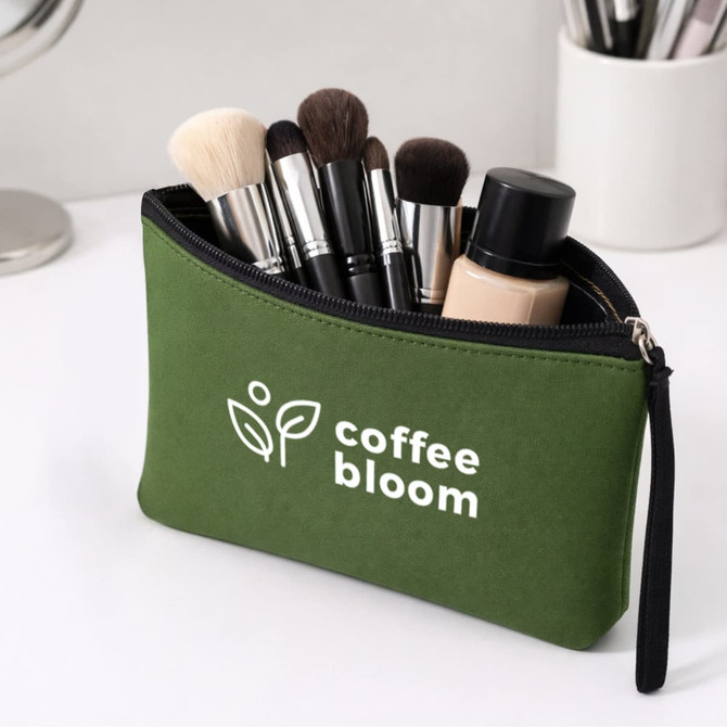 A green neoprene cosmetic bag with a handle, filled with makeup brushes and a bottle. It features a logo.