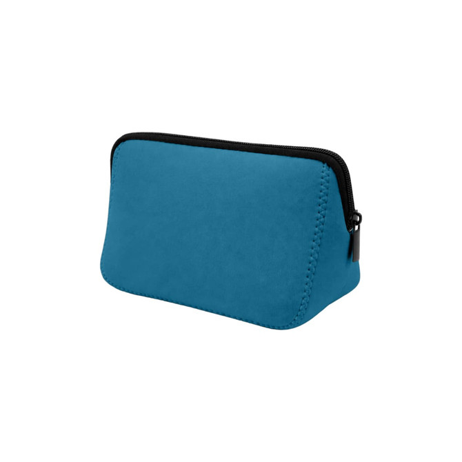 A teal neoprene cosmetic bag with a black zipper, featuring a sleek, contoured design and visible stitching.