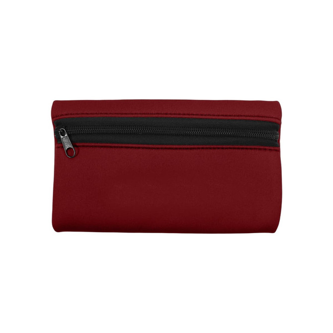 A small red neoprene pencil pouch with a black zipper. It features a smooth, solid exterior.