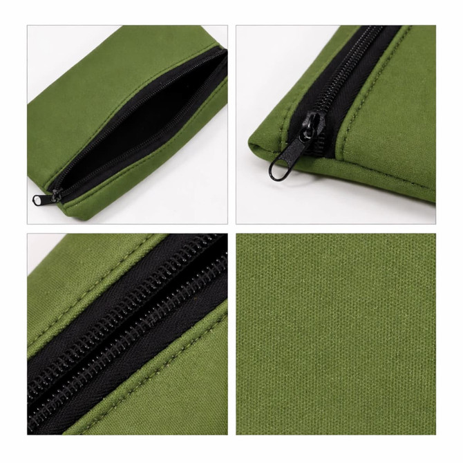 A small green neoprene pencil pouch with a black zipper, featuring a textured surface and stitch detailing.
