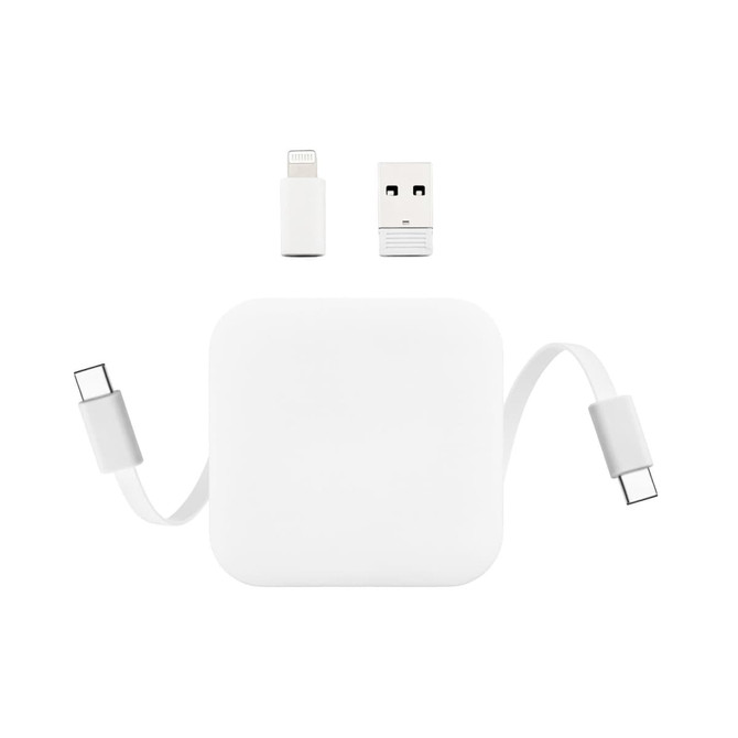 A retractable charging cable in white, with USB and Lightning connectors, and a compact design.