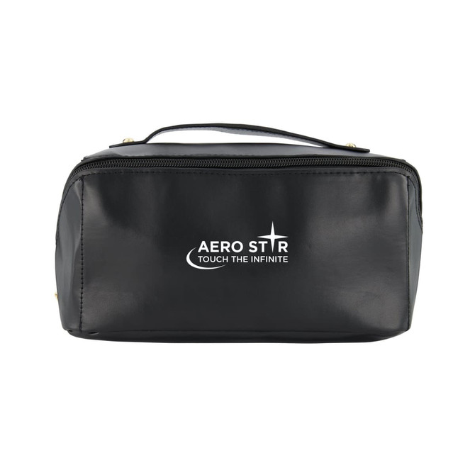 A black toiletry bag with a zip closure and a handle, featuring a logo on the front.