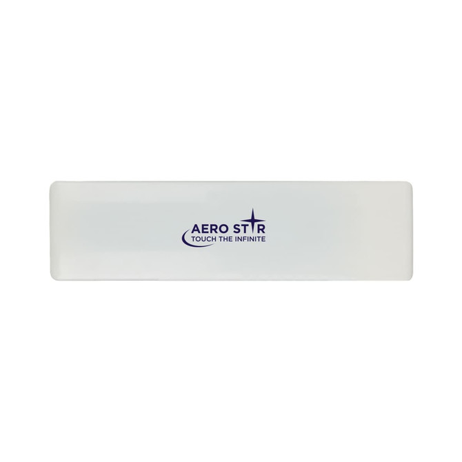 A white promotional item with a logo, featuring a sleek and polished design.