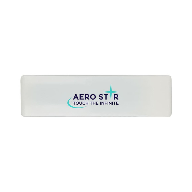 A rectangular white promotional product with a logo featuring blue text and a star design.