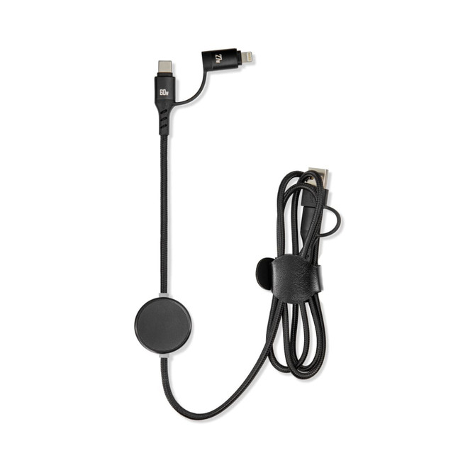 A black charging cable with a round connector and a clip for organisation. It has a sleek, modern design.