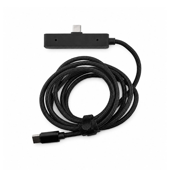 A black charging cable with a textured finish and a connector at each end, featuring a logo.