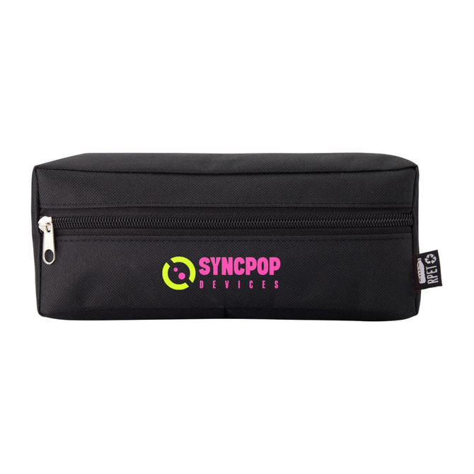 A black tech pack with a zip closure and a logo in vibrant colours on the front.