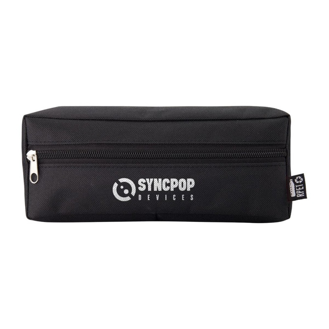 A black tech pack with a zippered compartment, featuring a logo on the front and a rectangular shape.