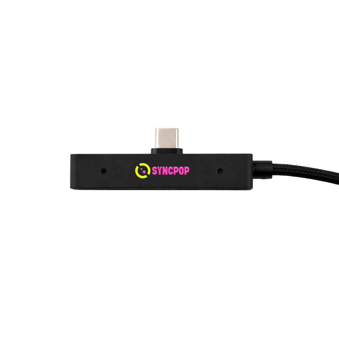 A black rectangular charging hub with a USB-C connector and a textured cable, featuring a colourful logo.