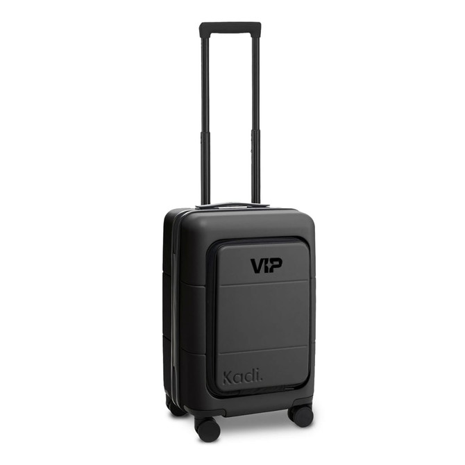 A black carry-on suitcase with a logo, featuring a retractable handle and wheels for easy transport.