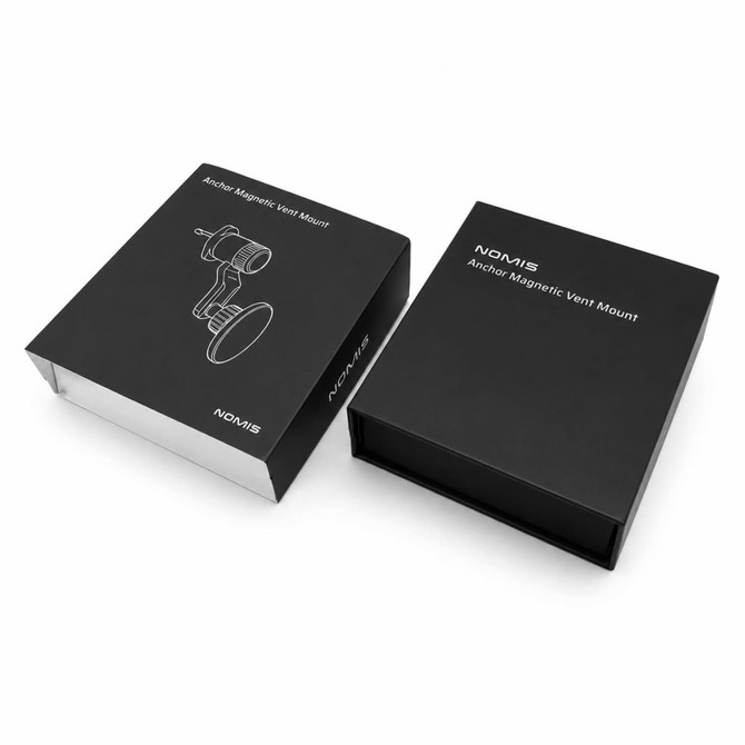A black packaging box for the Anchor by Nomis Car Phone Holder, featuring an illustration of the product.
