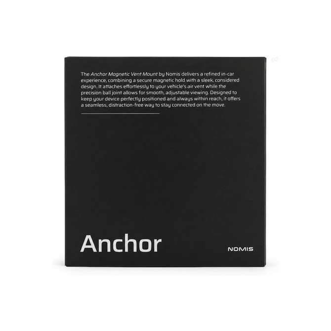 A black box featuring the Anchor by Nomis branding and a sleek design for a magnetic car phone holder.