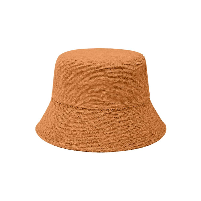 A reversible bucket hat in an orange terry cloth material, featuring a textured finish and a simple design.