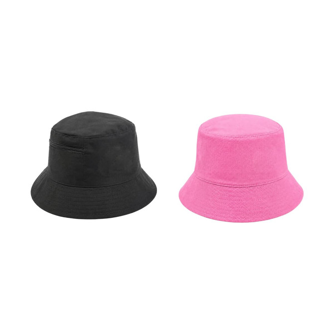 A black and a pink bucket hat with a card pocket, featuring a classic bucket shape and soft fabric.