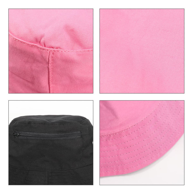 A pink bucket hat featuring a card pocket, showcasing stitching details and a black underside. The hat also has a logo.