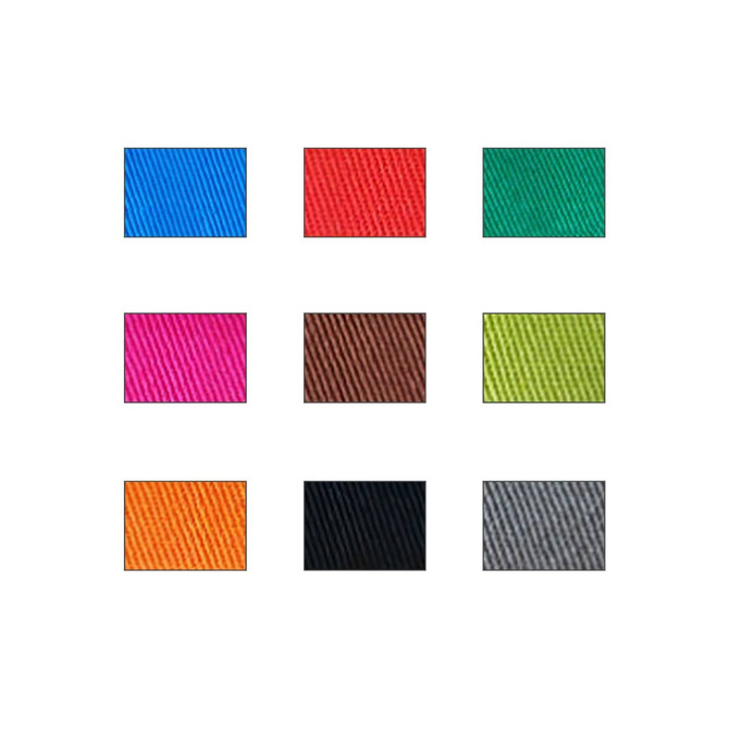 A grid of nine fabric swatches in blue, red, green, pink, brown, lime, orange, black, and grey.