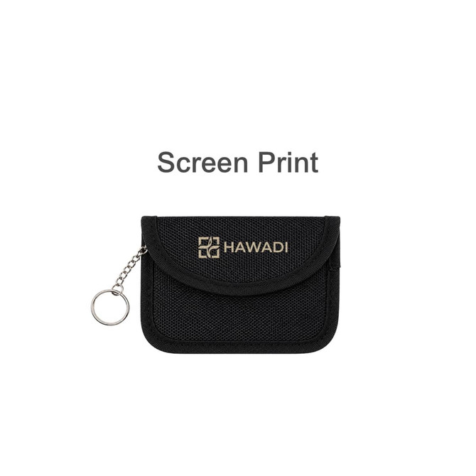 A black RFID blocking key pouch with a chain keyring and a logo on the front.
