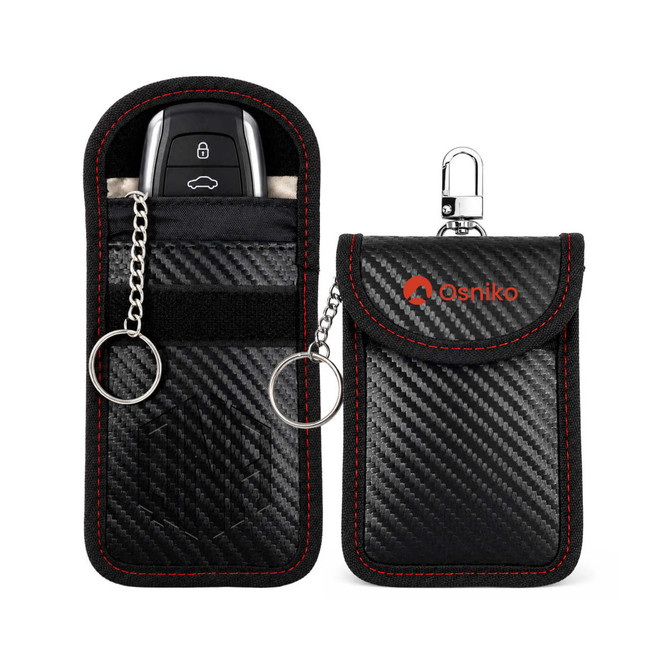 A black carbon fibre key pouch with red stitching, featuring a clip and keyring attachment, and a branded logo.