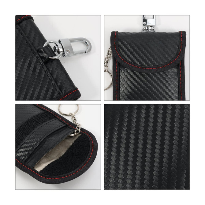 A black carbon fibre Faraday key pouch with red stitching, featuring a clasp and a keyring attachment.