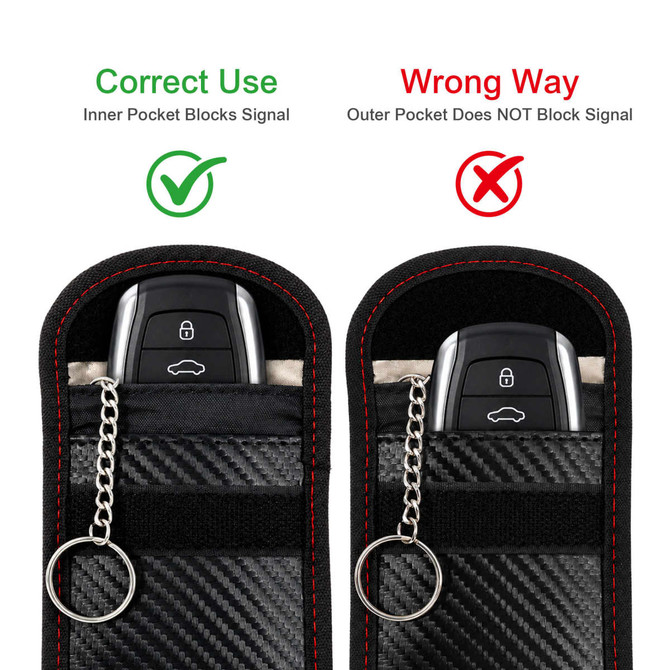 A carbon fibre Faraday key pouch in black with red stitching, featuring inner and outer pockets for signal blocking.