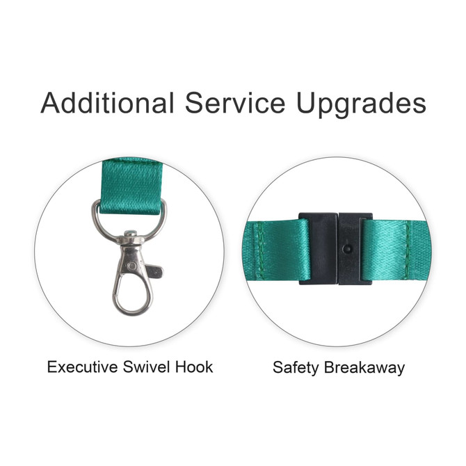 Two close-up images of a green lanyard featuring an executive swivel hook and a safety breakaway clasp.