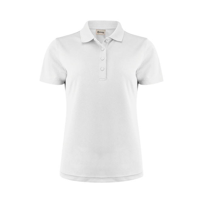 A white women's polo shirt featuring a collar and three buttons, with a logo on the front.