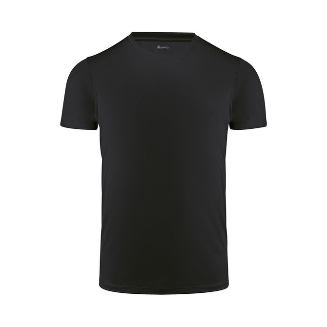 A black men's active tee with short sleeves and a round neckline, featuring a logo on the collar.