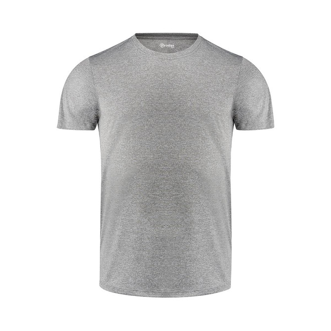 A grey men's active T-shirt with a round neck and short sleeves, featuring a logo.