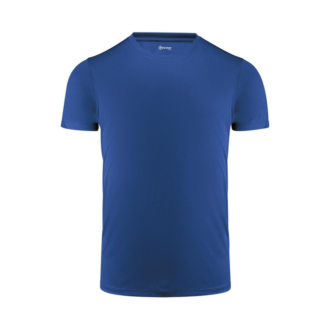 A blue men's active tee with a crew neckline and short sleeves. Features a logo on the neckline.