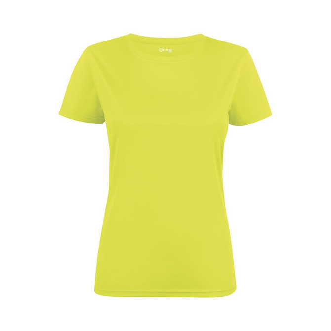 A bright yellow women's active tee with short sleeves and a fitted design. It features a logo on the front.