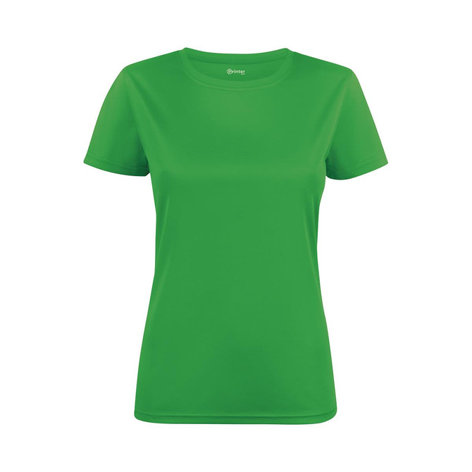 A green women's active tee with short sleeves, featuring a logo. Suitable for sports and casual wear.