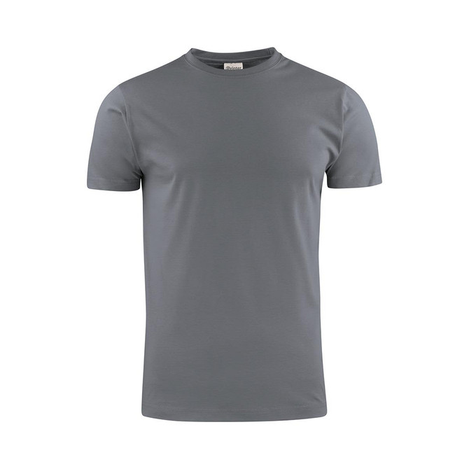 A grey men's t-shirt with a round neck and short sleeves. The shirt features a logo on the tag.