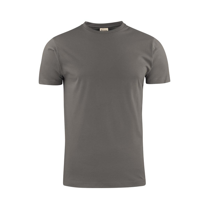 A grey men's t-shirt with a round neck and short sleeves, featuring a subtle logo on the label.