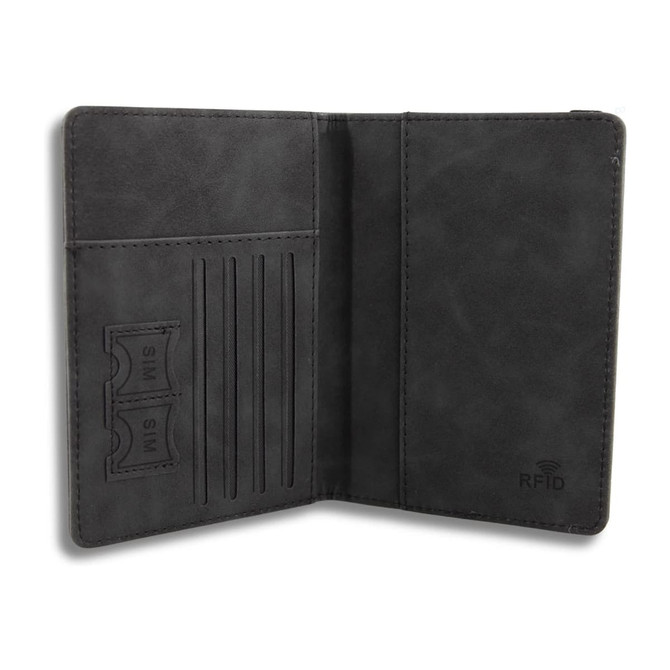 A grey travel wallet featuring slots for cards and a compartment for tickets, with RFID protection.