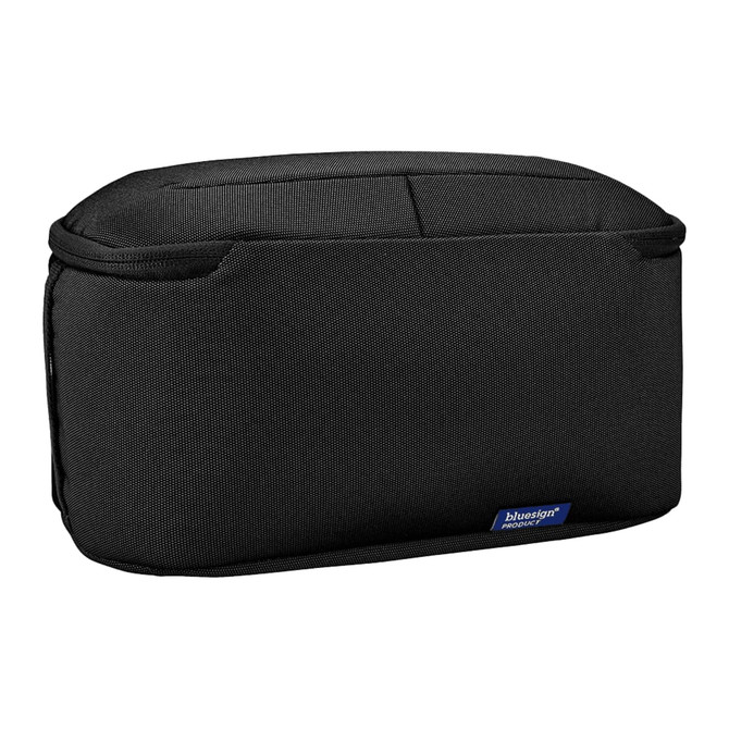 A black toiletry bag with a removable pouch, featuring a textured fabric and a small logo.