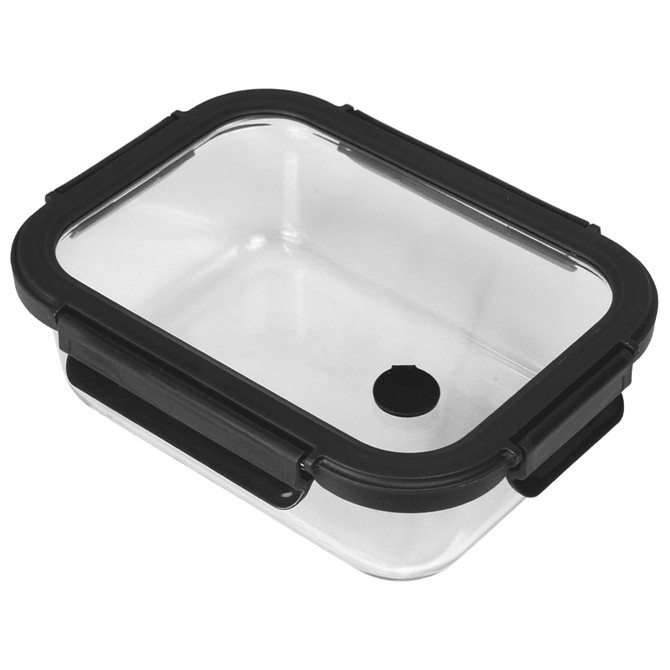A rectangular glass lunch box with a clear body and black silicone lid, featuring a ventilated hole.