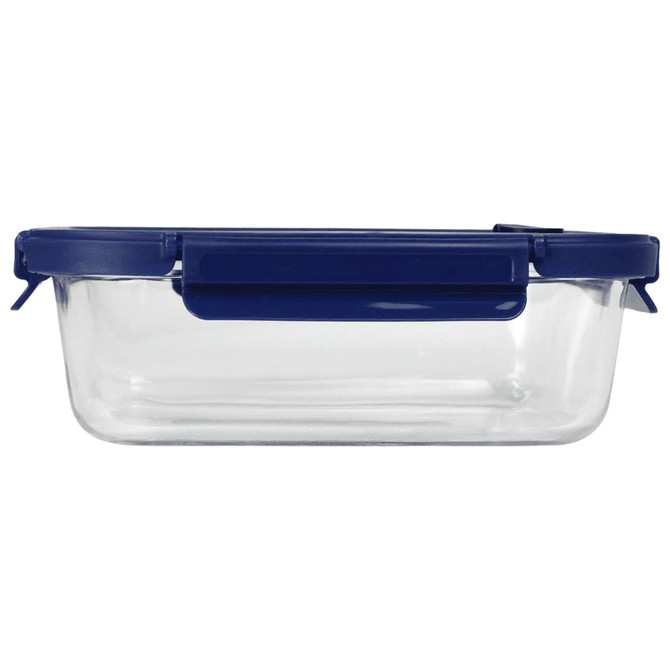 A glass lunch box with a transparent body and a navy blue lid, featuring a secure locking mechanism.