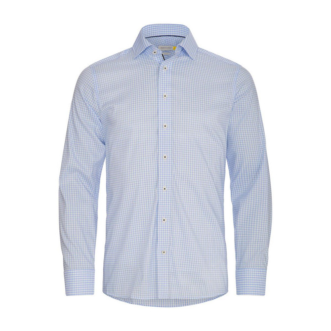 A blue checkered button-up shirt with long sleeves and a logo on the collar. Features yellow buttons for detail.