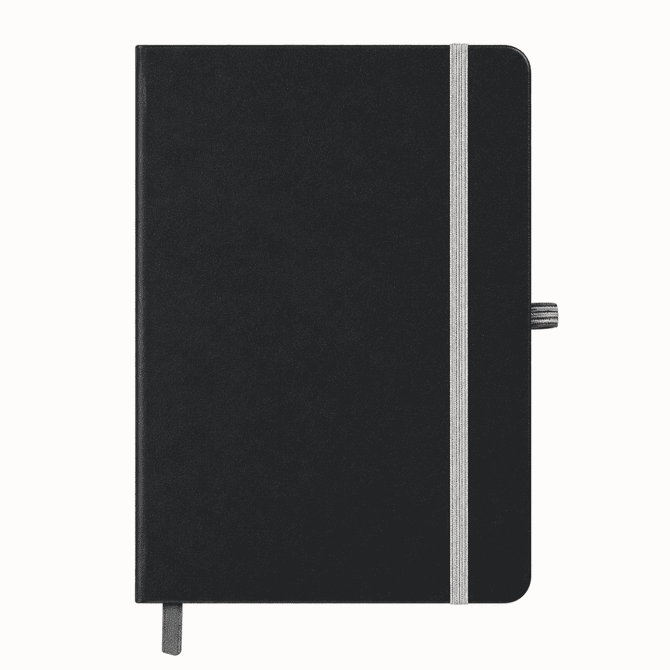 A black A5 notebook with a grey elastic band and ribbon bookmark, featuring a subtle logo on the cover.