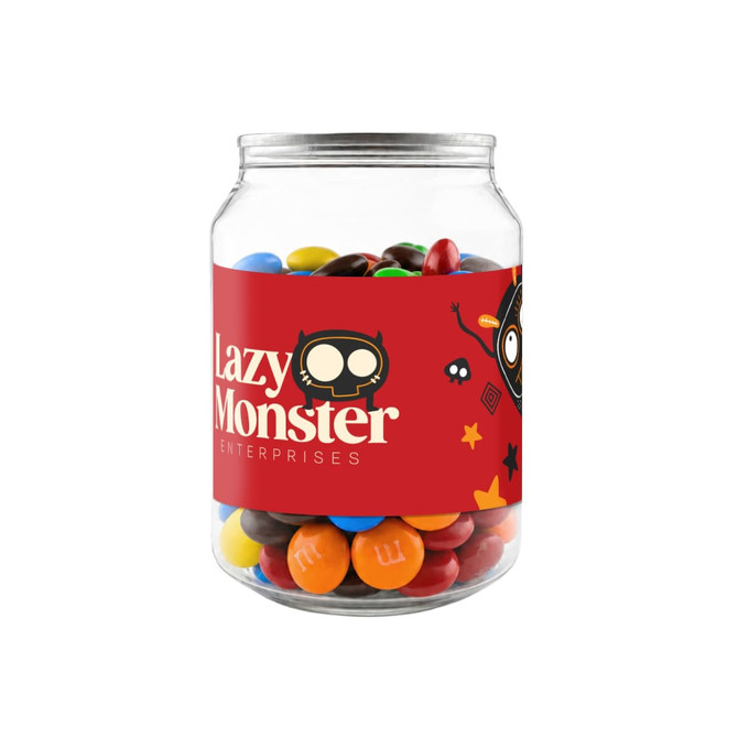 A clear jar filled with colourful M&M's, featuring a logo and vibrant illustrations on the label.