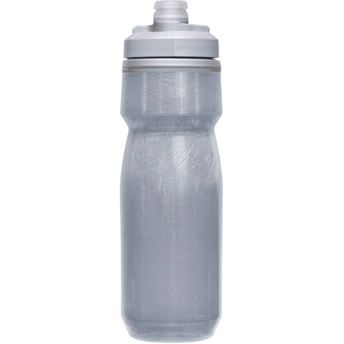 A drink bottle in a translucent grey design with a grey lid and a built-in spout. It features a logo.