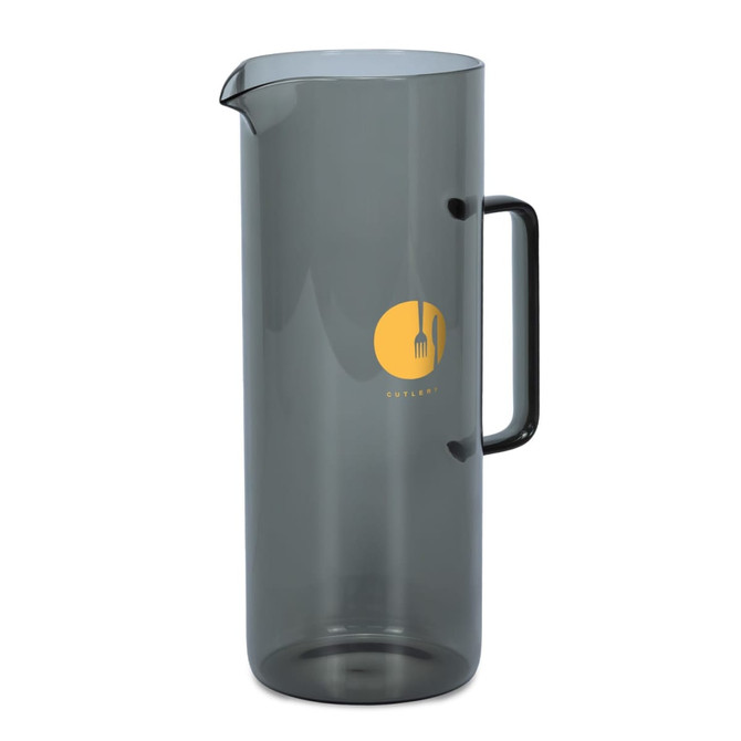 A drink bottle with a transparent grey body and a black handle, featuring a simple logo.