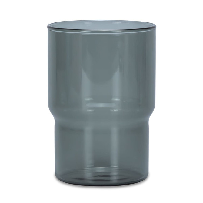 A drink tumbler in a transparent smokey grey colour with a distinctive curved design. Includes a logo.