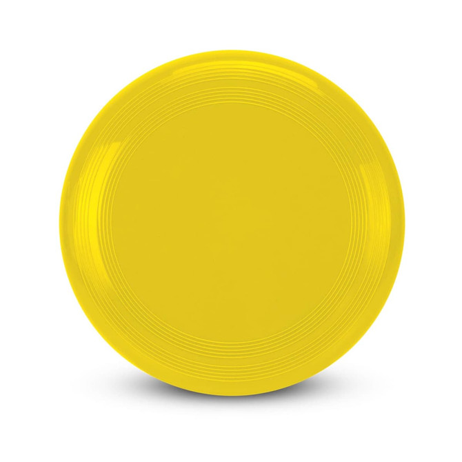 A yellow disc with a smooth surface and subtle ribbed detailing along the edge, featuring a logo.