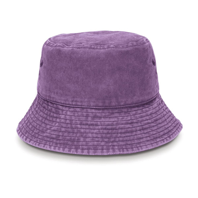 A purple bucket hat with a textured finish and a wide brim. Features ventilation eyelets and a logo.