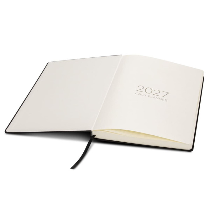 An open A4 diary with a black cover and blank pages, featuring the year "2027" printed on the inside.