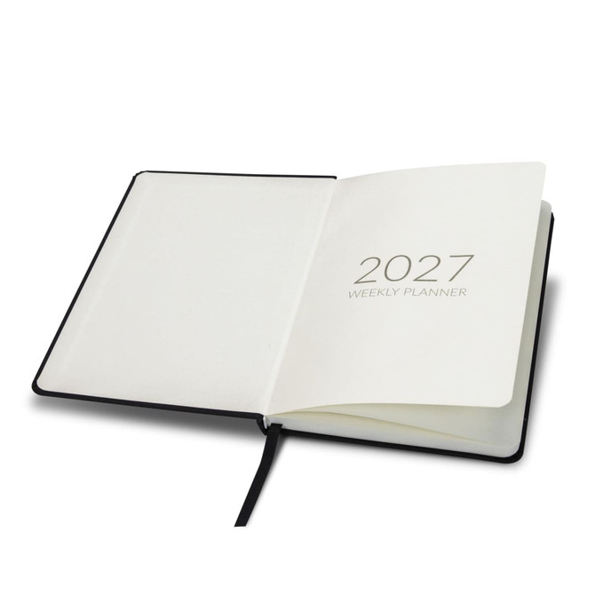 A5 weekly diary for 2027 in black, featuring blank pages and a placeholder ribbon.