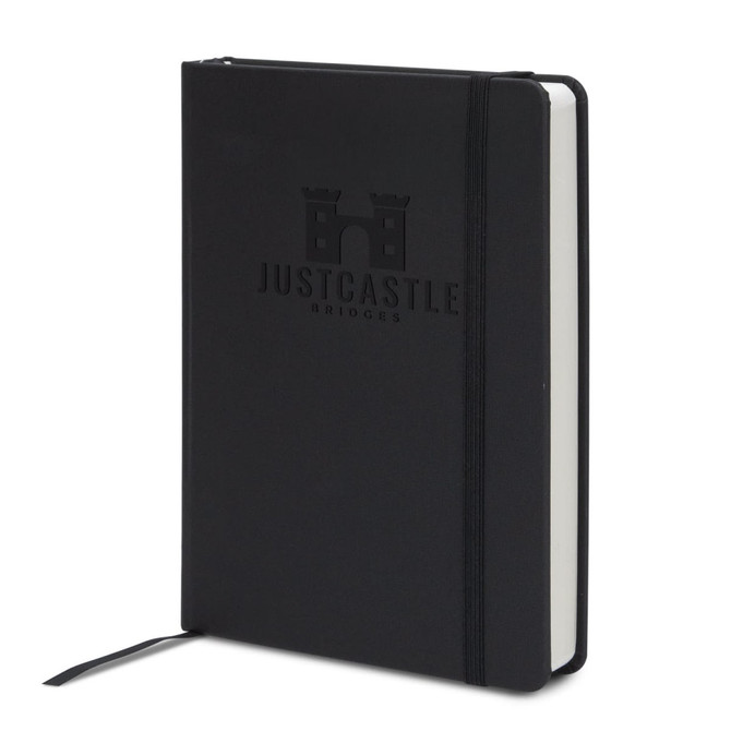 A5 daily diary in sleek black with an embossed logo and an elastic closure.