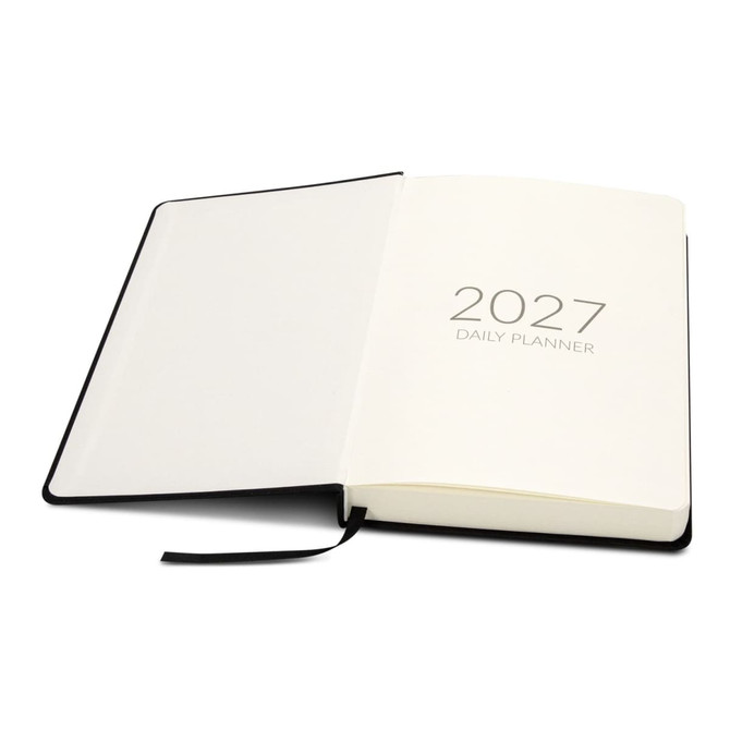 A5 daily diary in black with a blank interior and 2027 printed on the first page. Features a ribbon bookmark.