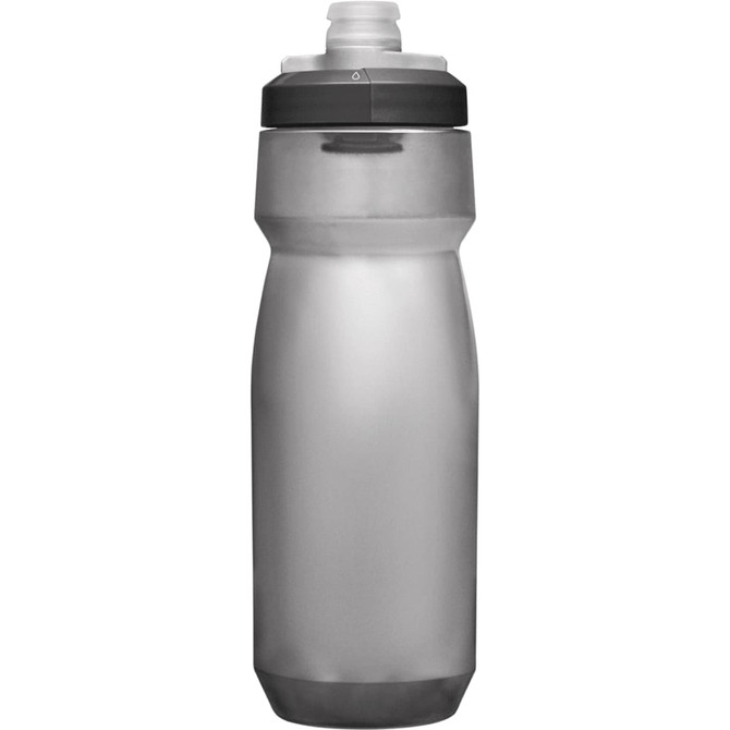 A drink bottle in a sleek silver design with a black lid, featuring a logo on the side.